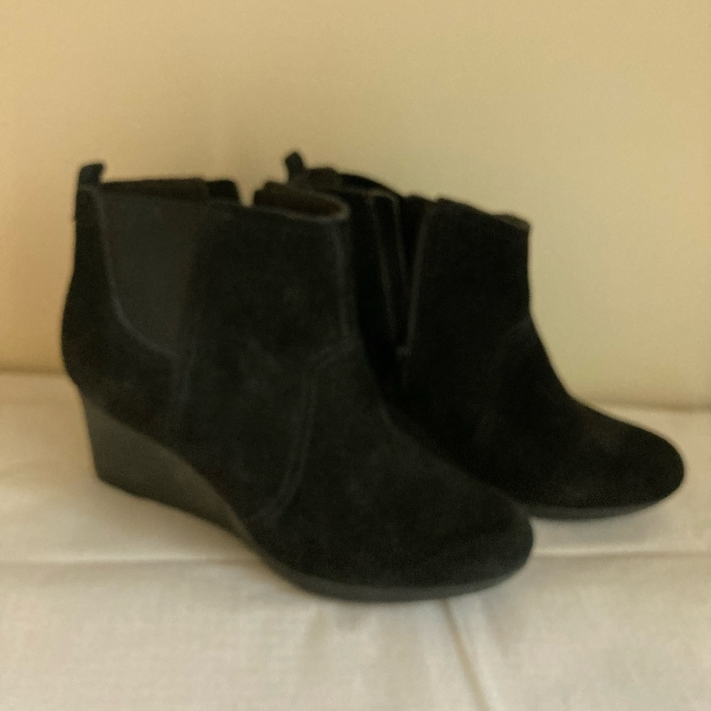 Clarks suede and leather wedge bootie